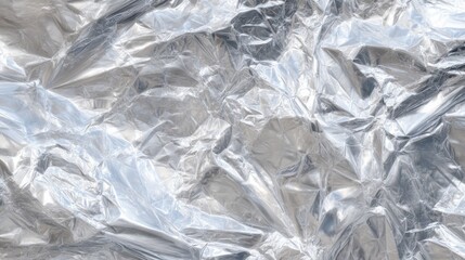Obraz premium Silver aluminum foil crumples and folds, reflecting light in various angles, showcasing a bright and shiny surface with intricate details and textures.