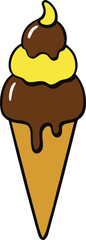 Delicious melting banana chocolate swirl ice cream cone on white background