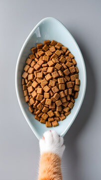 Naklejki Top down view of crunchy dry cat food shaped like little fish in a sleek modern bowl, with a curious cat paw reaching in, neutral background, studio lighting