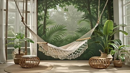 Tropical themed interior with hammock, lush plants, and natural light, creating a relaxing and inviting space for rest and relaxation, perfect for a summer vacation or a peaceful retreat