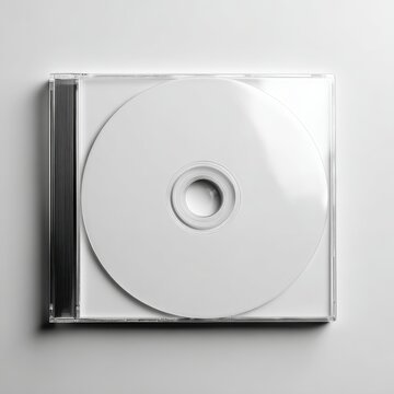 CD and case on a light background, perfect for your design and audio needs. A blank CD inside its plastic case, waiting for your artwork or music.