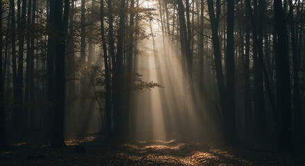 Mystical Forest Path Sunbeams Piercing the Fog.