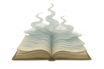 Open book is releasing ethereal smoke, creating a mystical atmosphere, on a transparent background