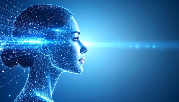 Abstract profile of a woman's head, formed from glowing lines and nodes, radiating light