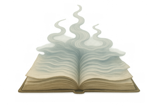 Open book is releasing ethereal smoke, creating a mystical atmosphere, on a transparent background