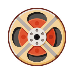 A vintage film reel with a beige circular base, red and black film segments, silver spokes, and a white center hub with holes for mounting.