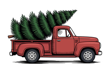 Vintage Red Truck Carrying a Christmas Tree