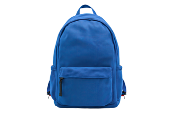 A vibrant, solid blue backpack, simple design