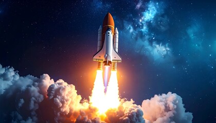 Space shuttle ascending through vibrant nebula clouds