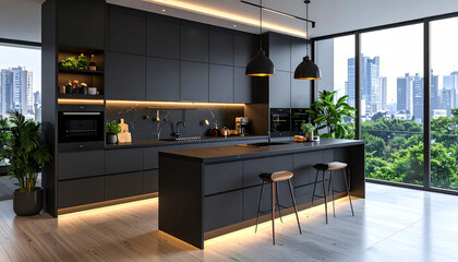Fototapeta premium Transform your culinary experience modern wooden black kitchen urban apartment interior design contemporary aesthetic appeal