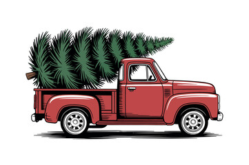 Vintage Red Truck Carrying a Christmas Tree