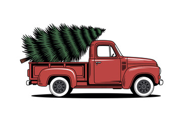 Vintage Red Truck Carrying a Christmas Tree