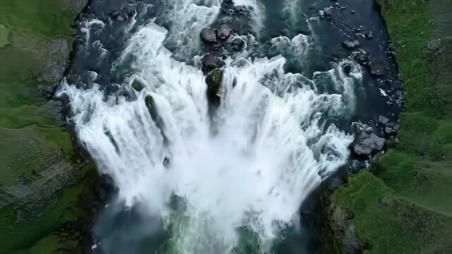 Vertical top-down drone shot of a powerful waterfall.