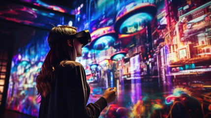 Obraz premium Young Woman in Headset Engaged in Immersive Light Technology