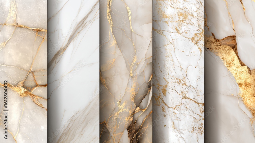 Poster a diverse array of marble patterns displays soft gray and white tones intertwined with golden veins.