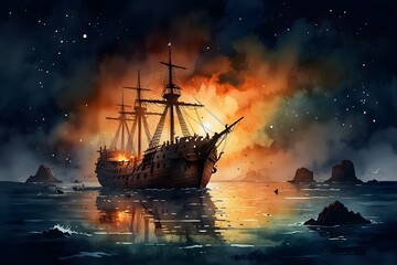 Fototapeta premium Night scene of a shipwreck lit by torches in watercolor style