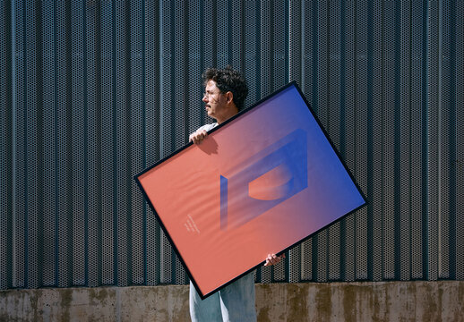 Mockup Of Man Holding Horizontal Customizable Framed Poster