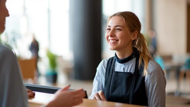 Customer service interaction at a modern office reception professional environment engaging content warm viewpoint enhancing client relations