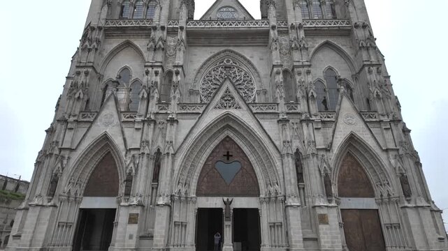 Upward Pan of (Basilica del Voto Nacional) in Quito, Ecuador &ndash; Gothic Cathedral Architecture