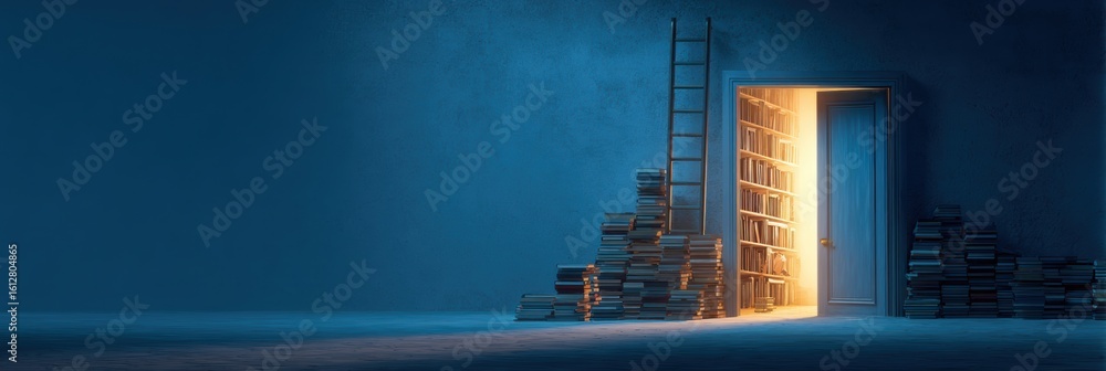 Poster ladder bridges a towering stack of books to a glowing door in a serene blue environment inviting exp