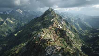 Fototapeta premium Majestic mountain range with a sharp peak in focus, bathed in sunlight piercing through the clouds. Lush green slopes contrast with the rocky terrain under an atmospheric sky