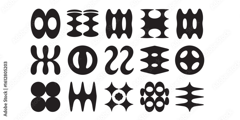 Poster a collection of fifteen abstract black and white shapes arranged in three rows on a white background