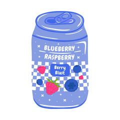 Soda in aluminum can with blueberry and raspberry flavor. Vector illustration in hand drawn style. Soft drink for advertising, posters, packaging and merch