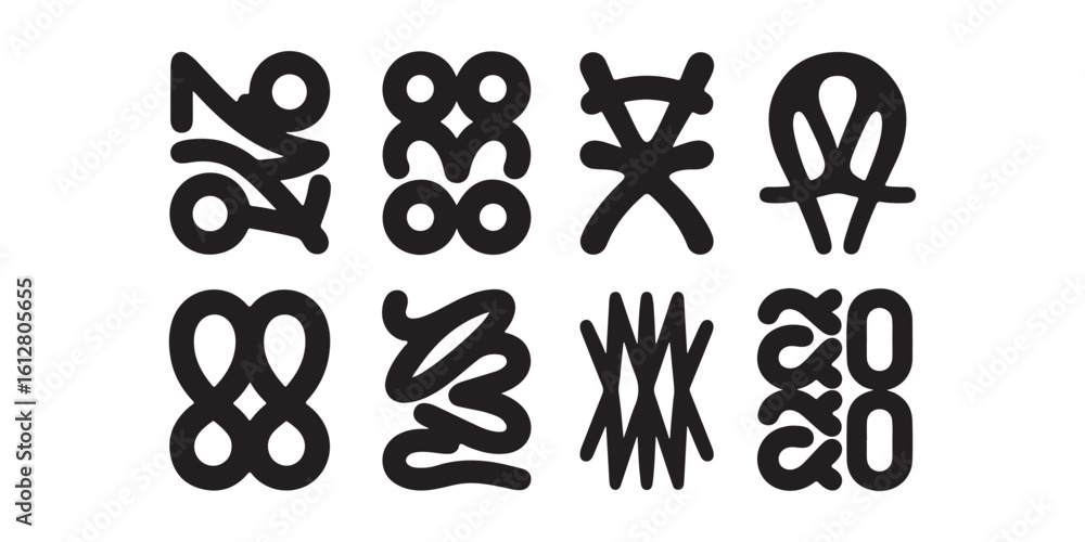 Poster eight distinct black abstract symbols arranged in a grid on a white background showcasing unique des