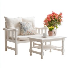 A beautifully arranged outdoor living space with a white chair, small table and plants