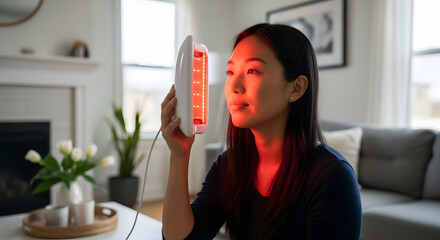 A woman uses a handheld red light therapy device at home for an anti-aging skincare treatment.
