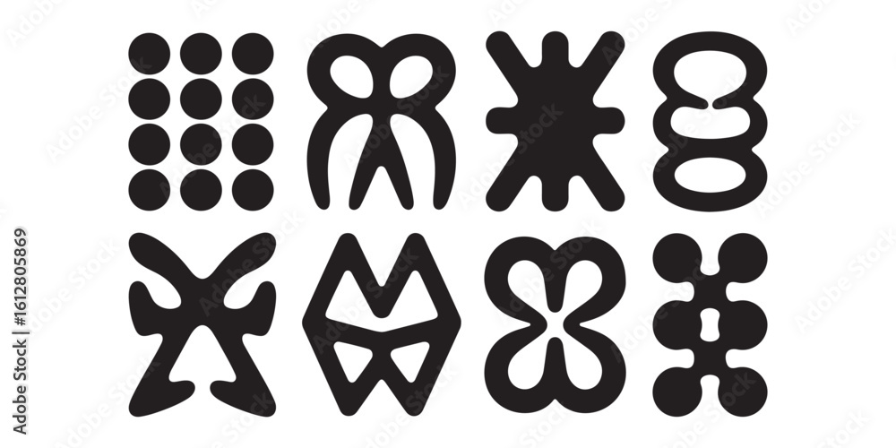 Poster eight adinkra symbols arranged in two rows on a white background in a graphic design style