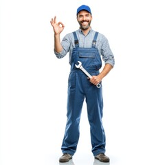 A friendly mechanic with a wrench giving the okay sign. He is wearing a blue cap and overalls, ready for work