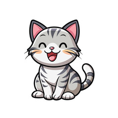 vector of a cheerful, gray, striped cartoon kitten character. 