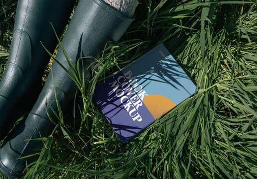 Mockup Of Woman Wearing Boots With Hardback Book On Grass