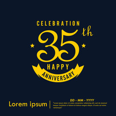 35th years anniversary celebration emblem. happy anniversary yellow logo isolated with ribbon on dark background. vector illustration template design for web banner	