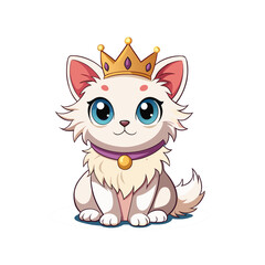 An illustration of a cat wearing a crown and collar, royal  princess cat on white background