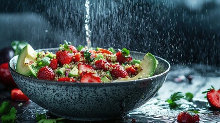 Fresh strawberry quinoa salad with avocado under a water spray.