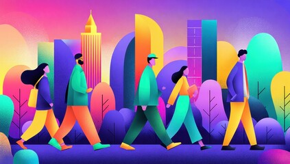 Colorful urban scene, people walking