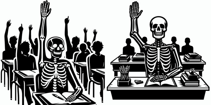 Skeleton raising hand in class Back to School. Cartoon Minimal Clipart Silhouette Vector Illustration Line Art Illustration. Bony figure volunteering query learning center start of academic.
