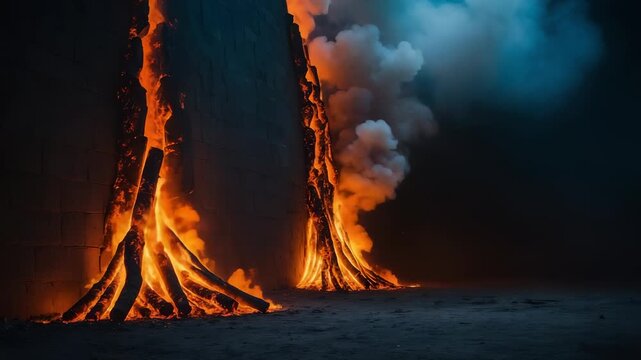 Bonfires burning against cinder block wall at night