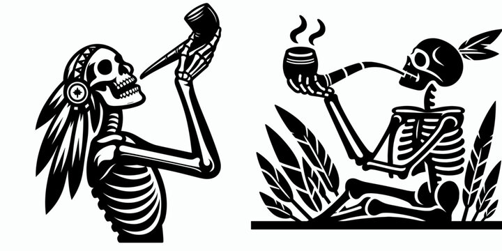 Skeleton raising peace pipe Indigenous Peoples Day. Cartoon Minimal Clipart Silhouette Vector Illustration Line Art Illustration. Bony figure offering calm symbol on native american heritage.