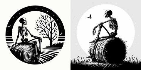 Skeleton sitting on hay bale Fall Equinox. Cartoon Minimal Clipart Silhouette Vector Illustration Line Art Illustration. Bony figure resting upon straw bundle autumnal season holiday theme.