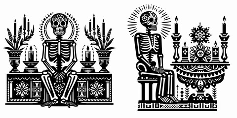 Skeleton sitting at altar Day of the Dead. Cartoon Minimal Clipart Silhouette Vector Illustration Line Art Illustration. Bone figure resting shrine mexican holiday remembrance observance.