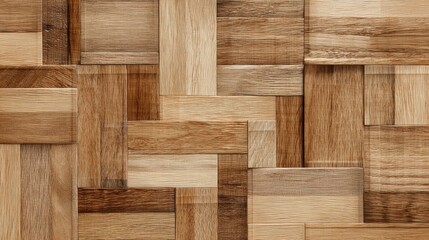 A detailed wooden patchwork pattern showcases various shades of brown and beige. The floor's intricate design highlights craftsmanship, enhancing the warmth of the space.