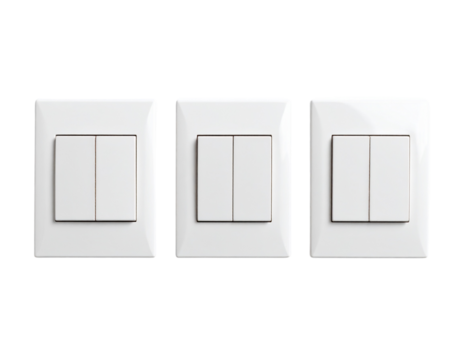Close-up of Modern Light Switch Panel with Two Switches Off and One On, isolated on white wall