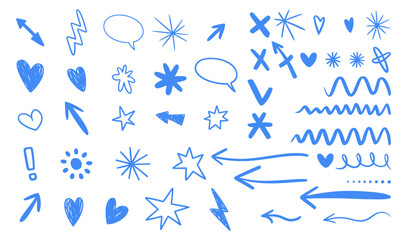 Collection of hand drawn blue doodle elements including arrows hearts stars and speech bubbles 