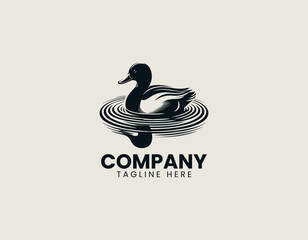 Graceful black duck with white belly creating ripples on calm water surface. Wildlife illustration concept