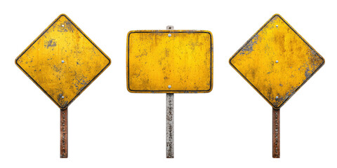 Three weathered yellow road signs
