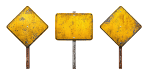 Three weathered yellow road signs