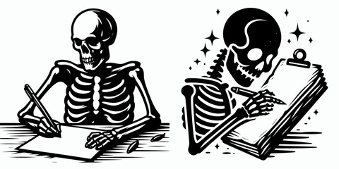 Skeleton writing resolutions New Years Eve. Cartoon Minimal Clipart Silhouette Vector Illustration Line Art Illustration. Basic novel goal setting for the coming annual celebration party.